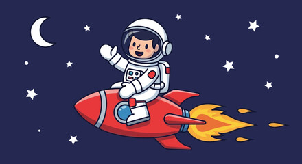 Naklejka premium Astronaut riding rocket in space with stars and moon illustration