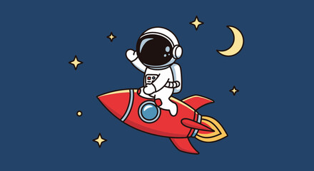 Fototapeta premium Astronaut riding rocket in space with stars and moon illustration