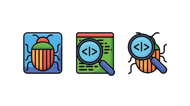 Software development bug tracking and debugging icons with magnifying glass development process web
