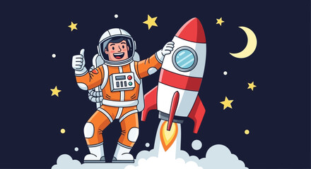 Naklejka premium Astronaut standing with rocket showing thumbs up against starry night sky