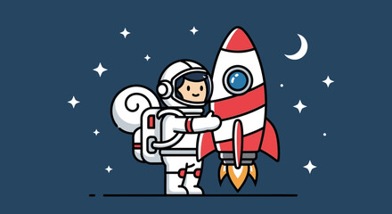 Fototapeta premium Astronaut standing next to a rocket ship against a starry night background