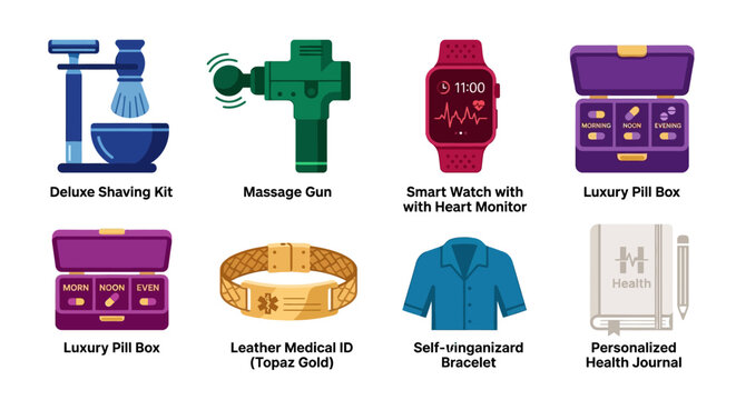 Modern health, wellness, and personal care products: smartwatch, massage gun, shaving kit, pill boxes, medical ID, health journal.
