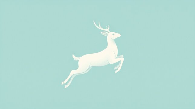 Minimalist White Deer Bounding Leap Forest Snow Teal Background Free Art