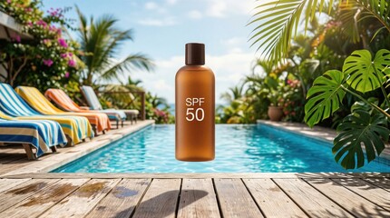 Fototapeta premium Sunscreen bottle with SPF 50 standing near swimming pool. Summer skincare advertisement. Product mockup for skin protection against UV rays, sunburn and heat during vacation getaway.