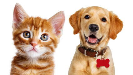 Obraz premium Ginger kitten and golden retriever puppy side by side