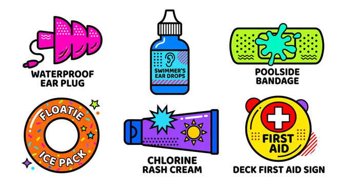 Swimming Pool Safety Essentials Vector Icons Set, including Ear Plugs, Swimmer's Ear Drops, Bandage, First Aid, and Rash Cream.