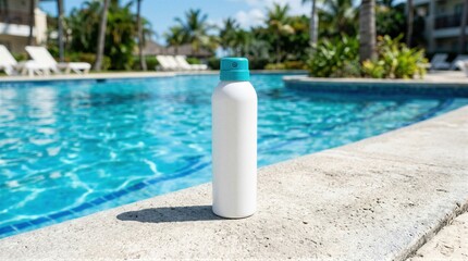 Fototapeta premium Sunscreen spray bottle on edge of swimming pool. Skin care and ultraviolet protection from sun burn during summer heat. Tropical resort vacation and moisturizing beauty product concept.