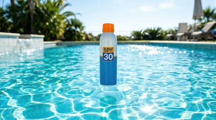 Naklejka premium Bottle of sunscreen with SPF 30 floating in swimming pool water. Skin care product for protection against sunburn during hot summer season. UV protection and skincare skin health concept.