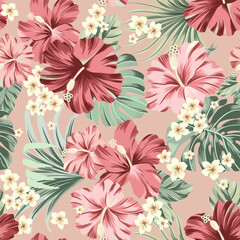 Vector seamless pattern Exotic wallpaper of tropical flowers green leaves of palm trees and flowers bird of paradis, hibiscus pink bright, artwork for fabrics, souvenirs, packaging, greeting cards © Aglaia