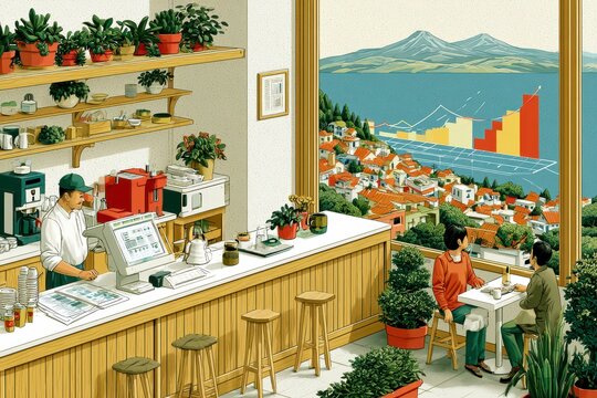 Cafe interior neighborhood cafe small business local shop barista counter coffee machine customer mountain view cityscape terrace recession artificial intelligence data chart economic growth plant