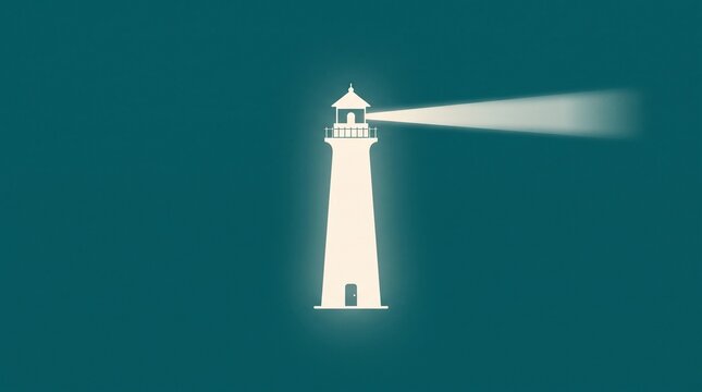 Minimalist White Lighthouse Beam Sea Night Teal Background Guidance Art