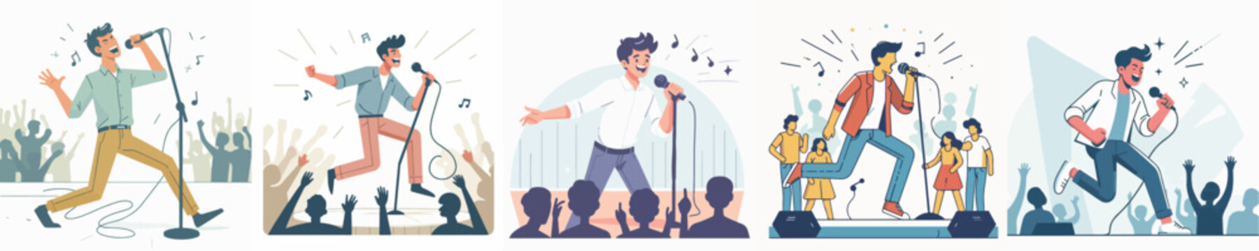 Male Singer Performing Live on Concert Stage with Audience Vector Illustration