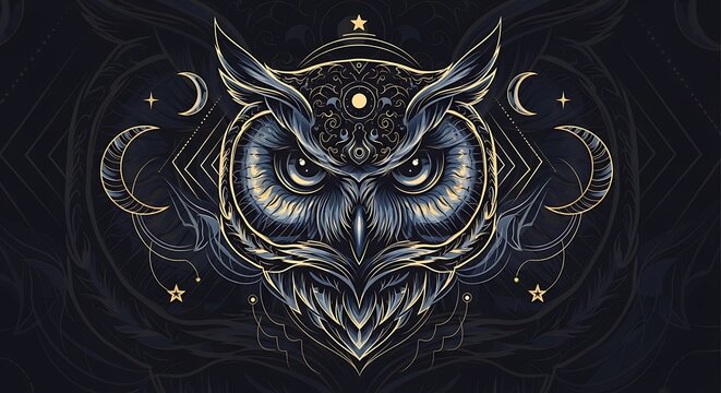 Owl mystical illustration with moon stars.