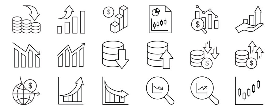 profit and loss icon set. Contain icons related to increase, decrease, graph, profit and loss statement, and more. Vector Illustration