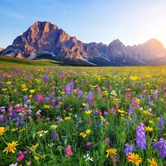 Fototapeta premium Flowers Bloom in a Meadow Near Mountains Under a Clear Sky in Summer