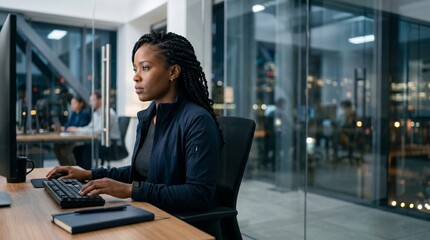 Fototapeta premium Focused african american female fintech software engineer working late on computer analyzing server data security blockchain development network cloud database or digital cyber platform system