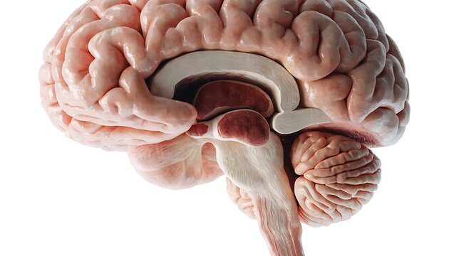 Detailed Cross-Section of a Realistic Human Brain Anatomy Showing Internal Structures
