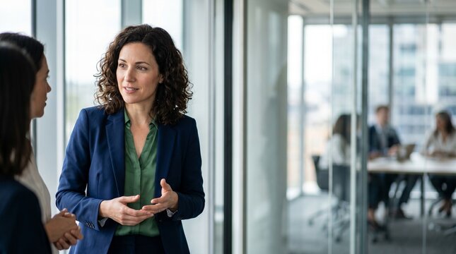 Confident businesswoman talking to client in modern office hall. Corporate finance consultant, wealth manager, tax legal advisor, fintech communication and professional banking specialist.