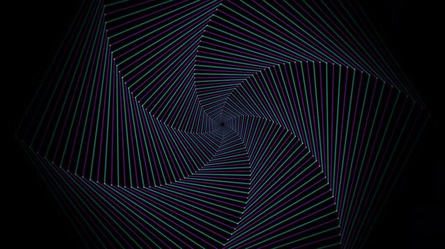 futuristic neon warp tunnel with glowing pentagon geometry and cyberpunk perspective, abstract synthwave vortex with rotating wireframe lines and infinite geometric depth 4k