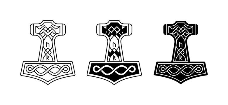 Thor's Hammer Mjolnir Vector Icons, Norse Mythology Symbols, Viking Art, Black and White