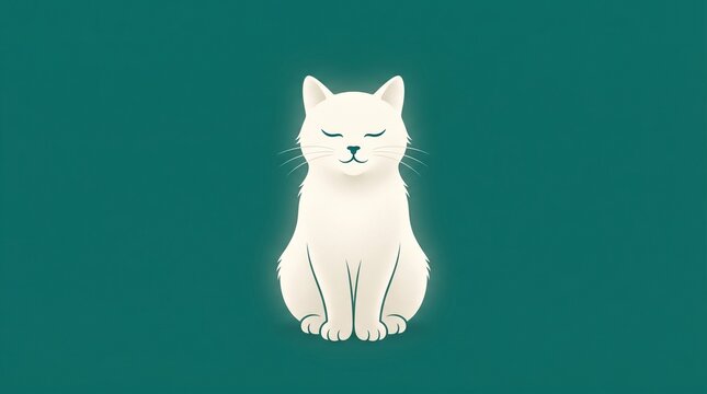 Minimalist White Cat Sitting Front View Eyes Closed Teal Background Serene Art