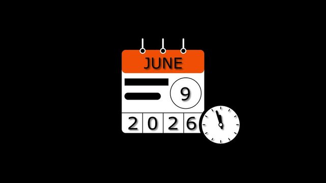 4K calendar 9 June 2026 animation. clock and black background clean and stunning 4k animation.