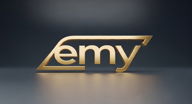 Shiny golden three dimensional text logo spelling emy featuring a sleek metallic finish and sharp geometric frame modern design style