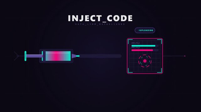 Digital syringe injecting code into a futuristic software interface