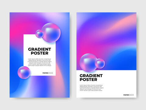 Abstract fluid gradient poster template set with 3D realistic floating spheres