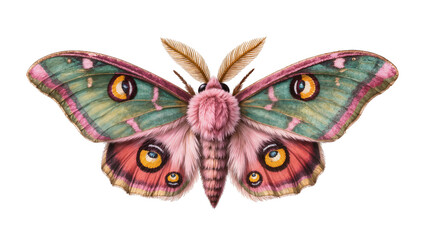Fluffy pink moth with large eye-spot wings © Carmen