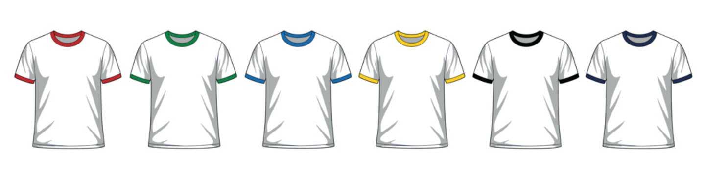 Set of ringer t-shirt mockup with contrast neck and sleeve. White base casual clothes on transparent background. Sportswear template isolated vector illustration.