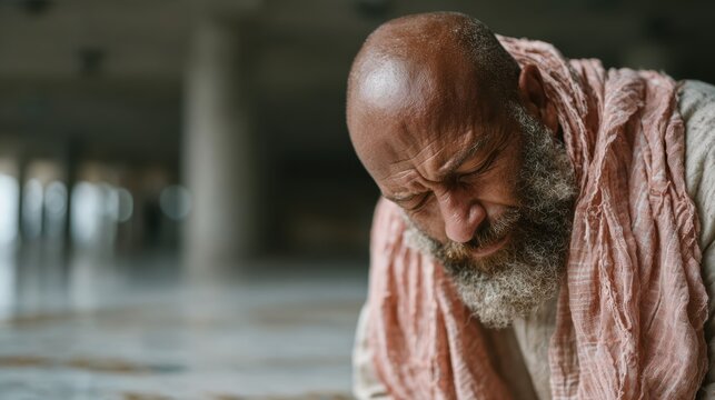 An elderly man with a thoughtful expression bows his head slightly in a spacious indoor area, capturing the essence of wisdom, introspection, and life experiences through emotion.