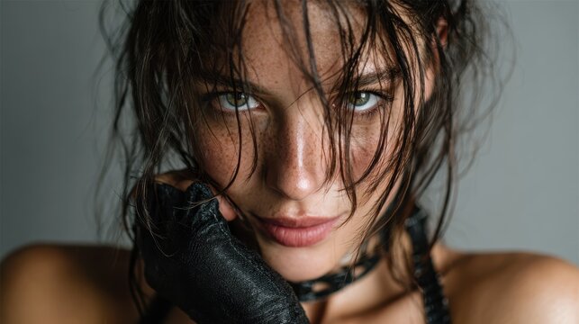 A striking portrait of a woman with captivating eyes and wet hair evokes strength and fierceness, showcasing beauty and self-assurance in a raw and artistic manner.