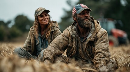 Fototapeta premium Two dedicated farmers casually rest in a golden field, reflecting their hard work and commitment to agriculture, surrounded by the fruits of their labor in a serene, natural setting.