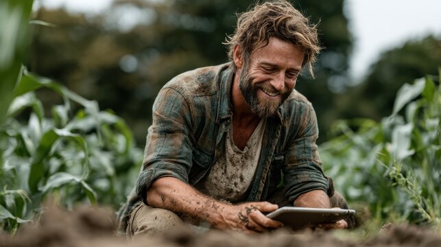 A cheerful farmer smiling while using a tablet in a lush cornfield, representing modern agriculture and the joy of farming in the digital age.