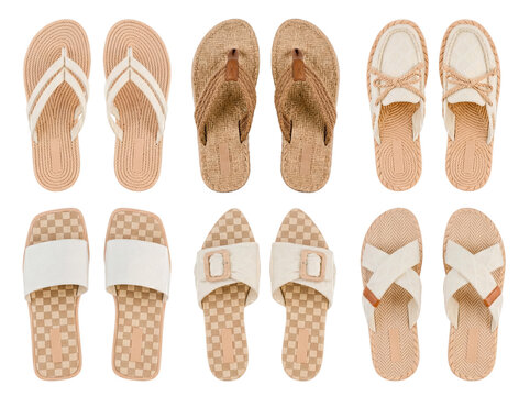Variety of elegant women's summer sandals and casual flip-flops.