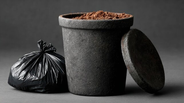 An image depicting a black garbage bag beside a pot filled with loose soil, ready for planting, symbolizing the connection between waste management and gardening practices.