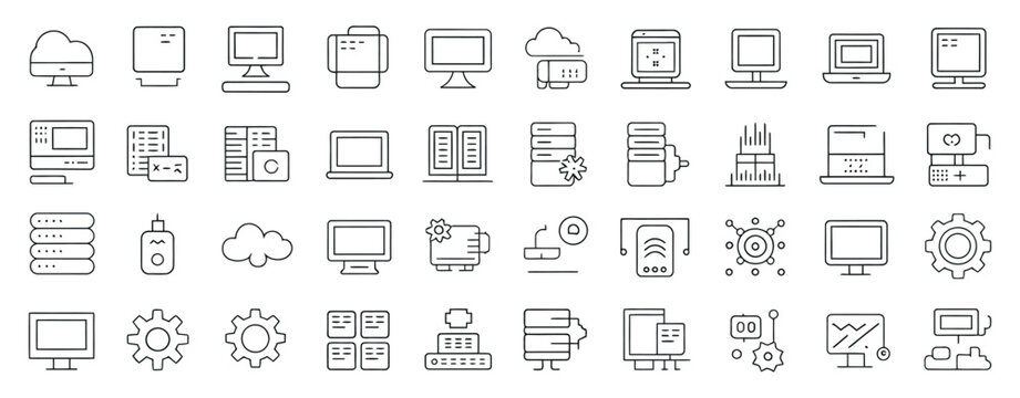 Computer and Web line icon collection with Internet Connection, Laptop Screens, Responsive Devices, Analytics and Technology Interface elements vector set.