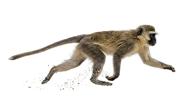 Vervet monkey captured in a dynamic side view motion while running swiftly across the ground in this clear and detailed professional animal photograph showcasing the agile nature of this primate.
