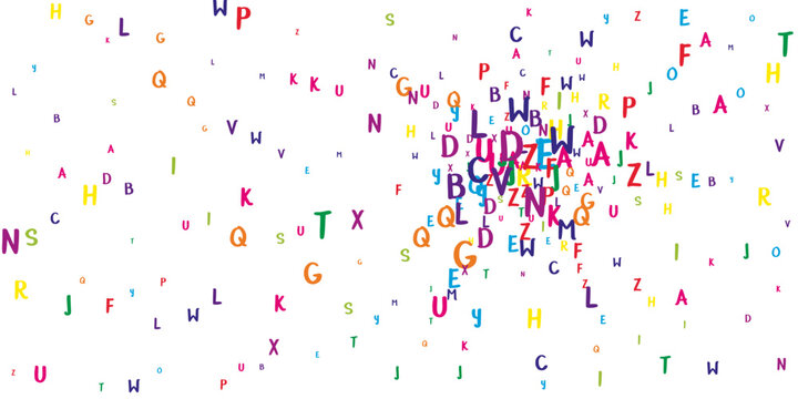 Flying latin letters. Colorful childish scattered charachters of English alphabet. Foreign languages study concept. Back to school banner on white background.