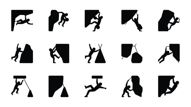 Set of 15 Black Rock Climbing and Bouldering Silhouettes Vector Icons