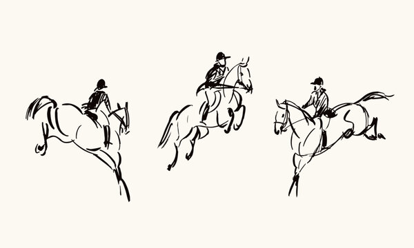 Abstract hand drawn illustrations of horse and rider, equestrian line art