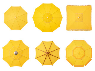 Overhead view of six distinct yellow patio and beach umbrellas, isolated on a transparent background for design. © Ly