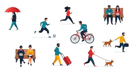 Fototapeta premium Flat Vector Illustration Set of People in Daily Activities, Walking, Running, Cycling, and Using Gadgets in the City