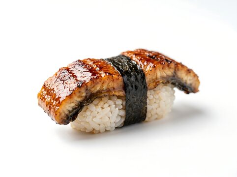 A single piece of unagi nigiri sushi on a white background