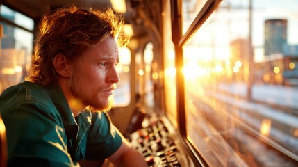 Fototapeta premium A man gazes thoughtfully out of the train window, bathed in warm sunset light, capturing the essence of travel and introspection while he undertakes his journey.