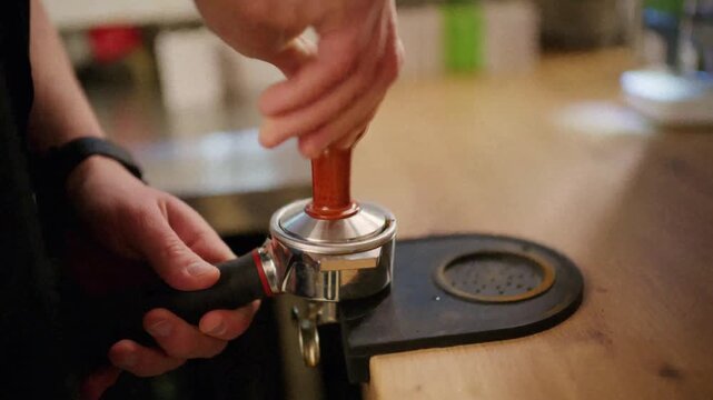 Barista pressing ground coffee with professional metal tamper in cafe for espresso preparation.