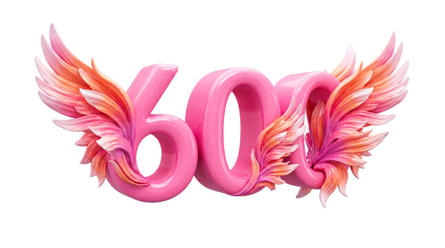 Pink 600 Number with Angel Wings &ndash; 3D Render Celebration, Milestone Achievement and Social Media Success Concept