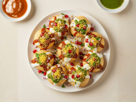 Top view of Dahi Puri plate with colorful chutneys, pomegranate seeds and sev garnish.