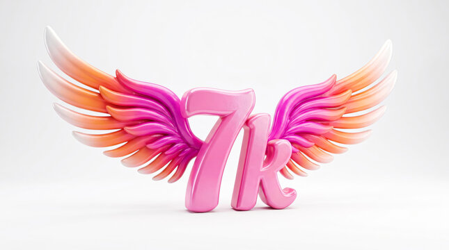 7K Followers Milestone Pink 3D Text with Angel Wings Isolated on White Background